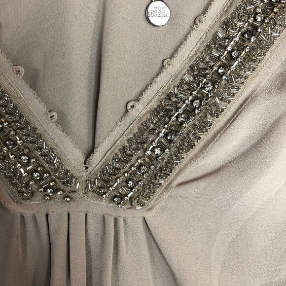 BKE Buckle Top Small Sleeveless Light Brown Embellished Bling Frayed Neck Hem - Picture 4 of 9